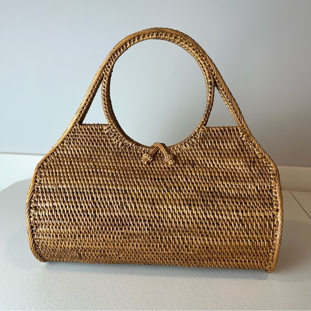 Shiva Urban Tan Brown Handwoven Bali Rattan Bucket Fabric Cinched Purse Handbag - Picture 2 of 8